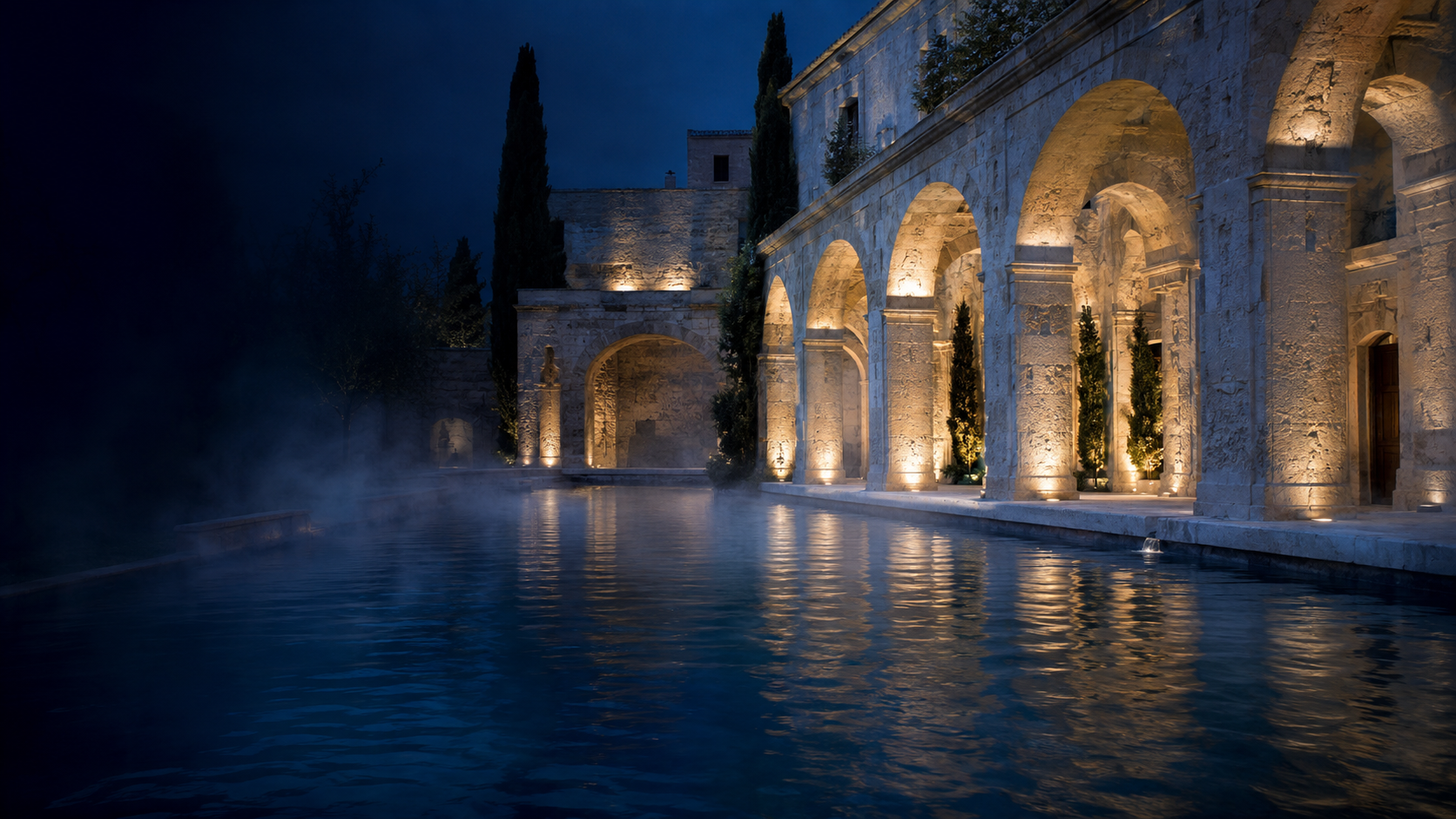 Historic Spanish thermal courtyard at blue hour